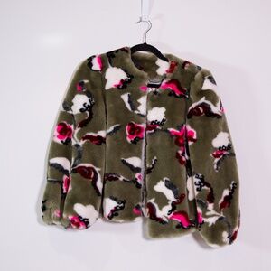 Shrimps Zaria Faux Vegan Fur Balloon Sleeve Round Neck Jacket Green Pink Print 8